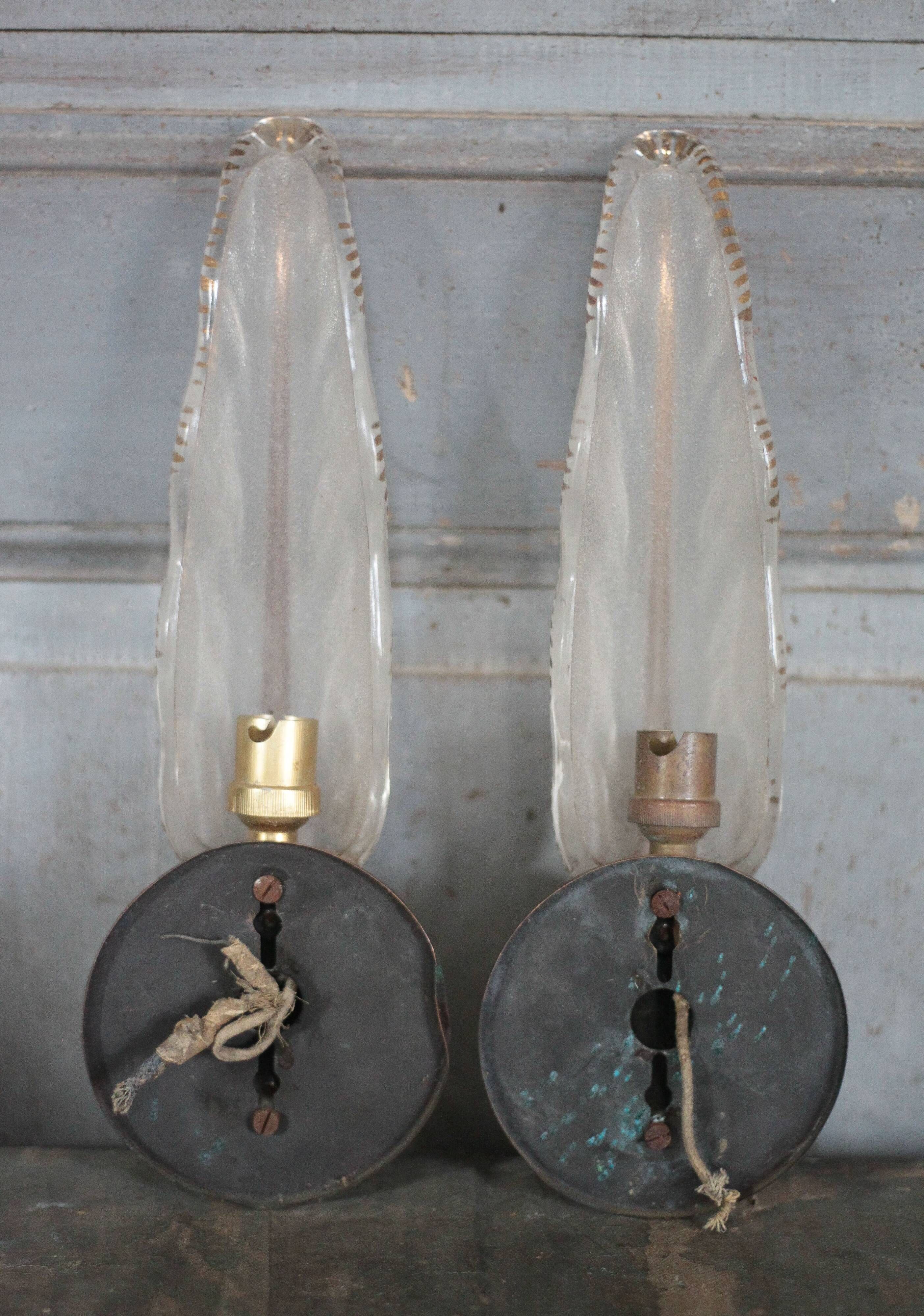 Pair of wall lights, vintage wall lamp, green patina brass wall sconce.