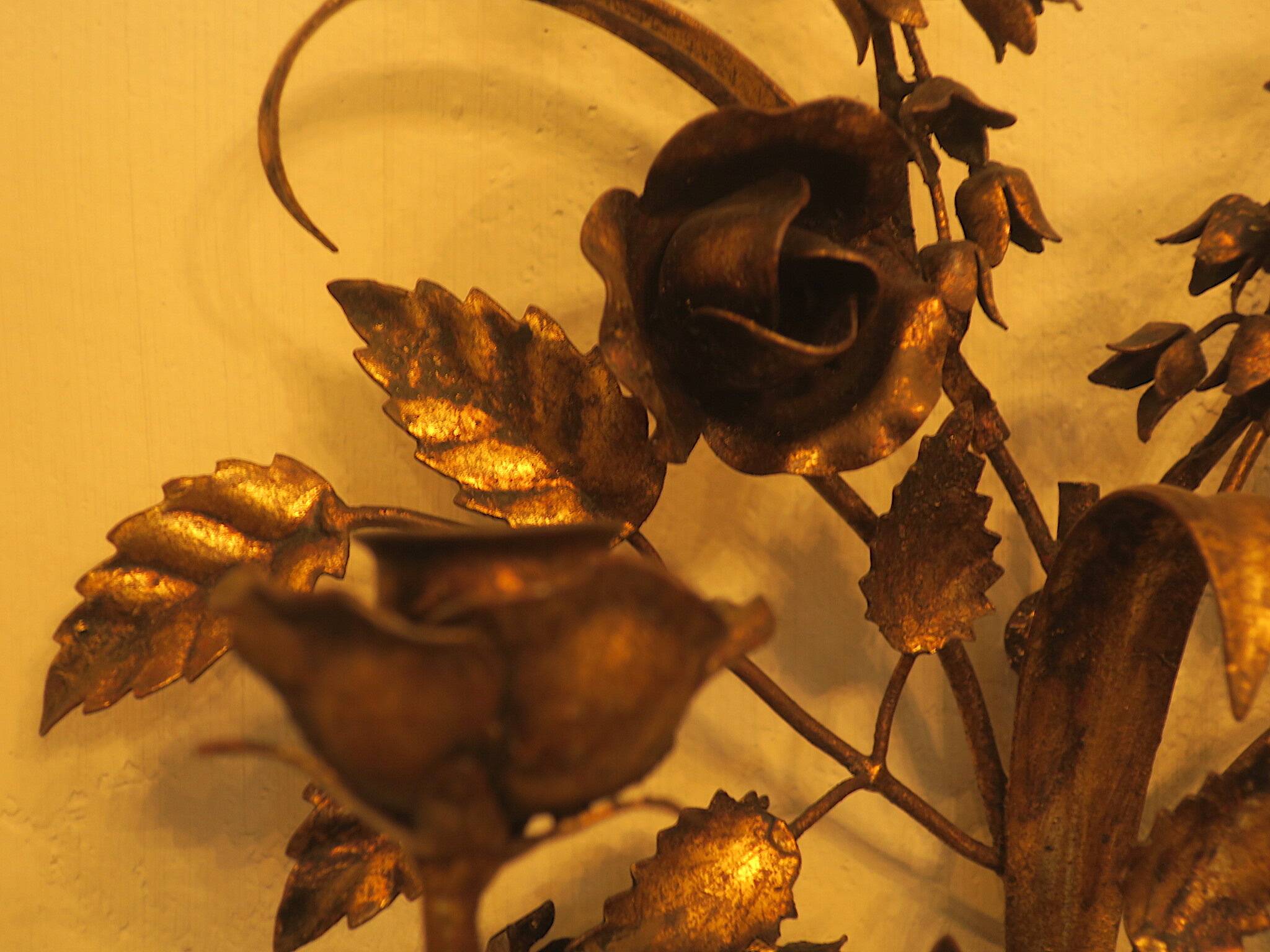 Pair of gold plated wall double candleholders with roses by Hans Kögl, 1960