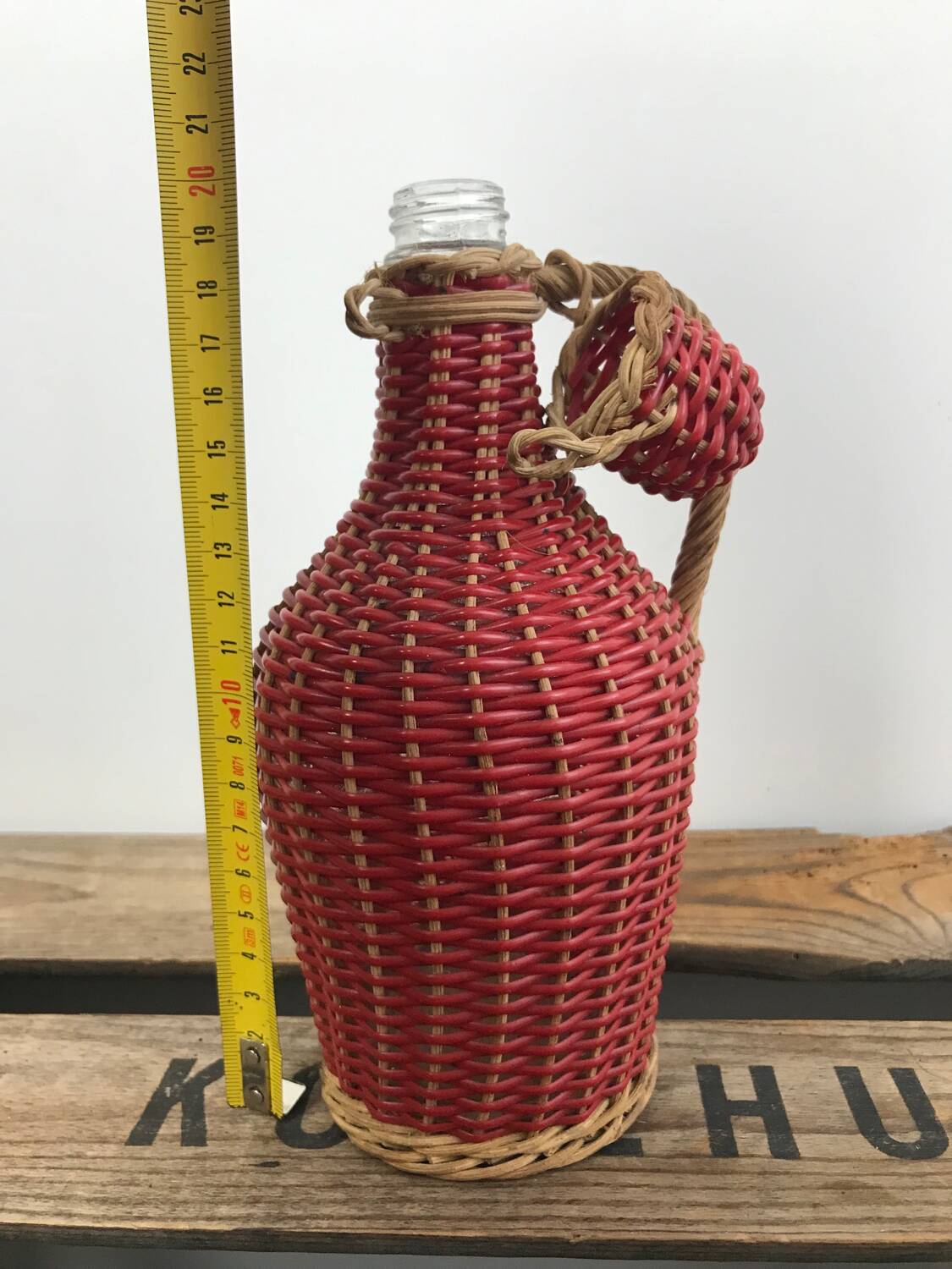 Bottle with rattan weaving and vintage scoubidou