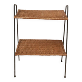 Vintage wicker side table with metal base from the 50s, bedside table, vintage handcrafted furniture
