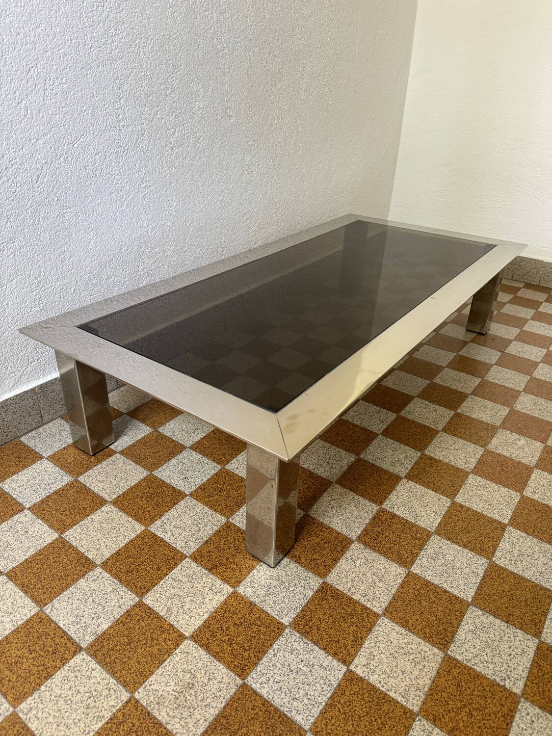 Rectangular coffee table in chrome steel and smoked glass from the 70s