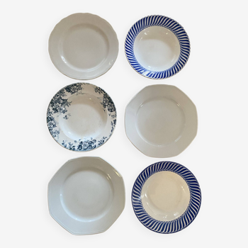 6 assiettes plates et creuses en blanc et bleu.