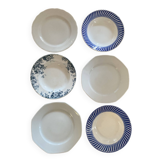 6 assiettes plates et creuses en blanc et bleu.
