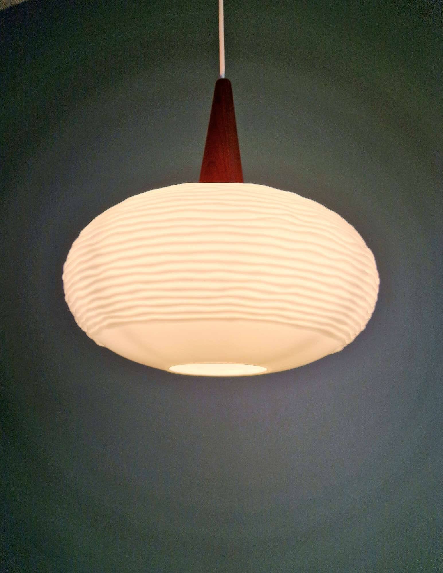 White opaline and teak pendant light, Scandinavian style, 1960s