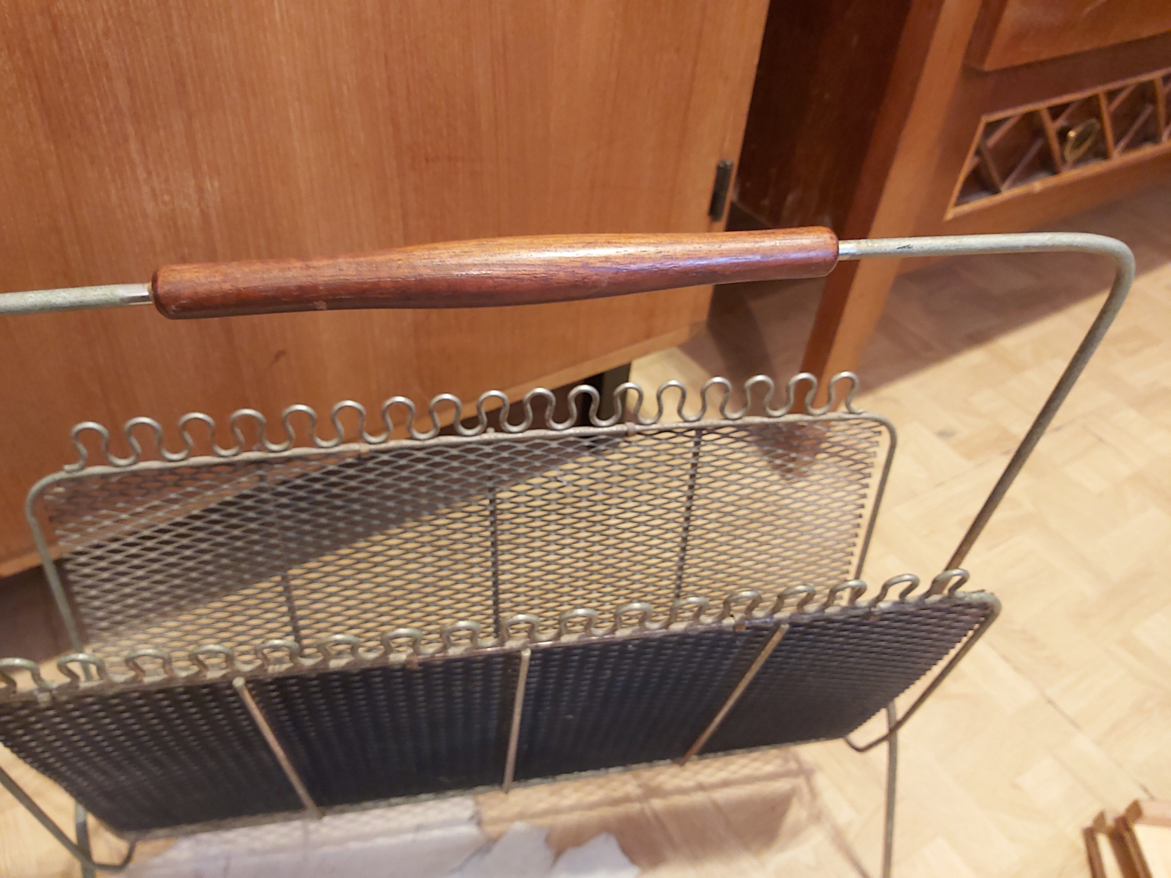Modernist magazine rack in metal and wood