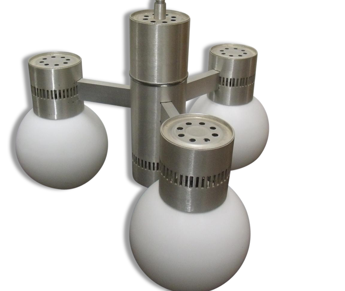 Chandelier suspended three lights 1970 white opaline brushed alu