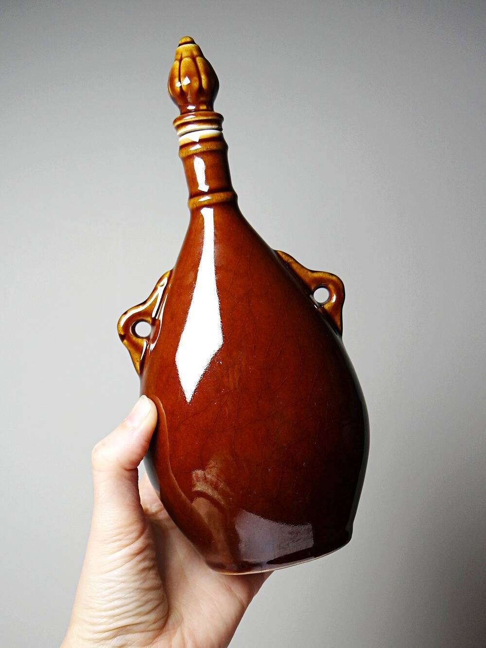 Vintage brown ceramic bottle, flask or canteen from the 1950s-60s.