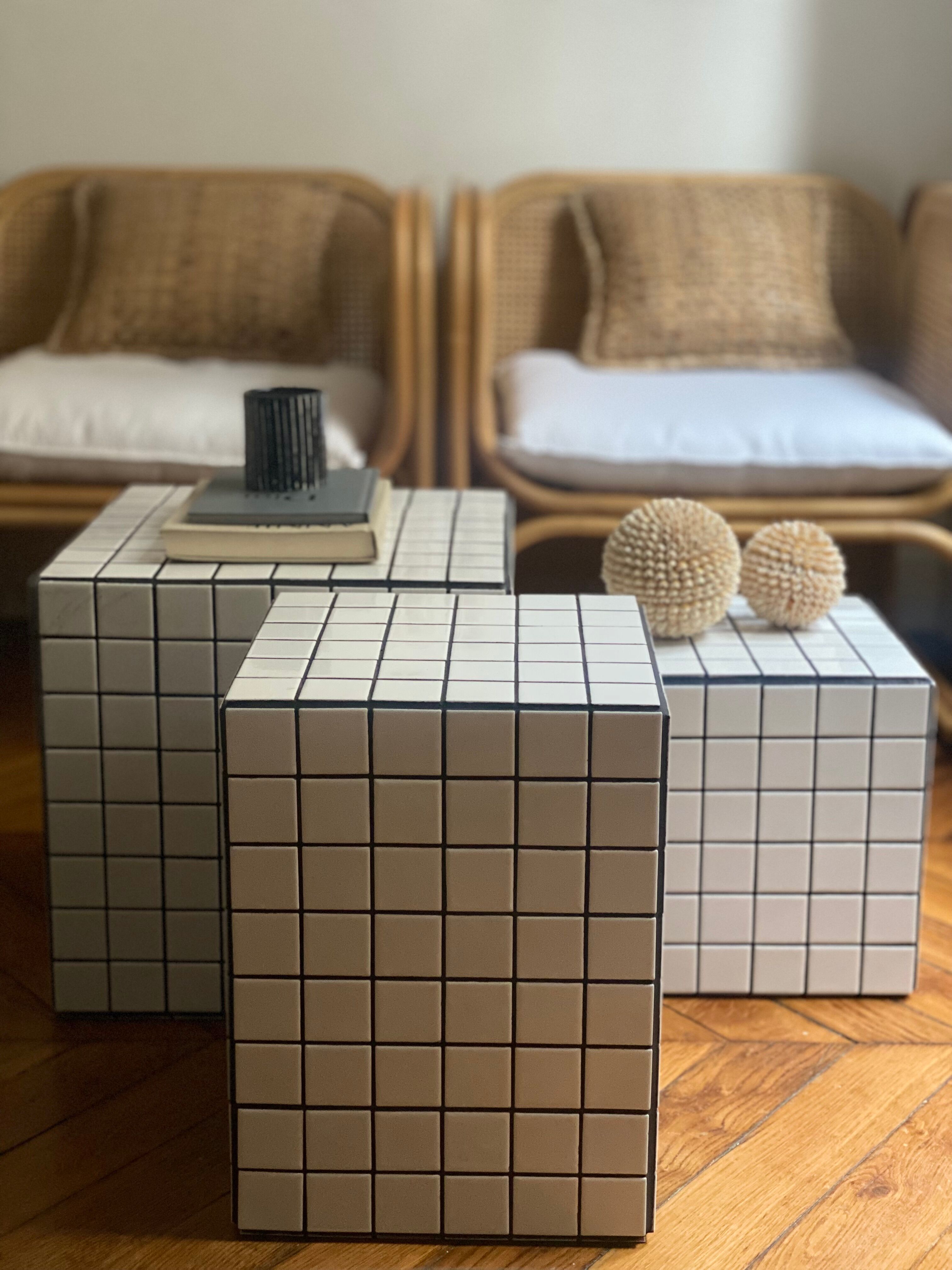 Side table cube gigi tile mosaic white joint black sofa end