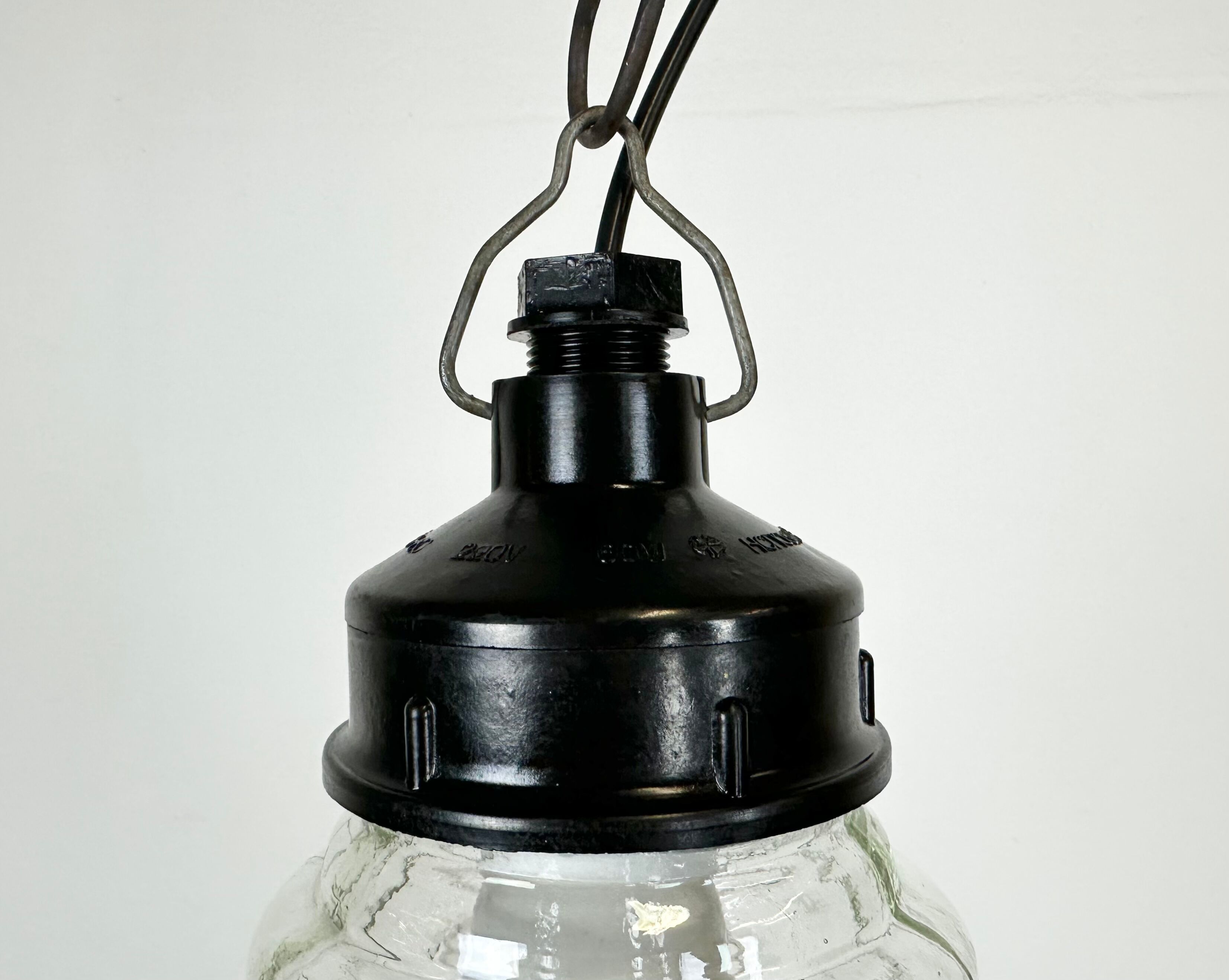 Industrial Bakelite Pendant Light with Ribbed Glass, 1970s
