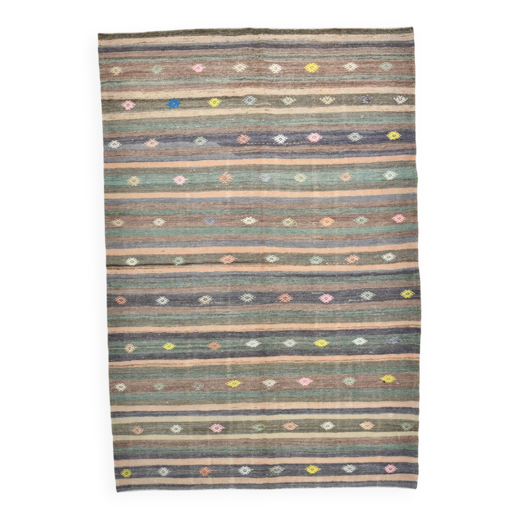6x8 Vintage Green & Brown Striped Kilim Rug, Traditional Handmade Carpet