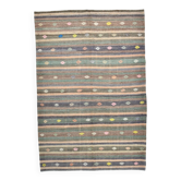 6x8 Vintage Green & Brown Striped Kilim Rug, Traditional Handmade Carpet