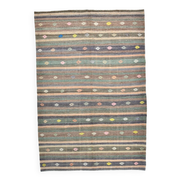 6x8 Vintage Green & Brown Striped Kilim Rug, Traditional Handmade Carpet