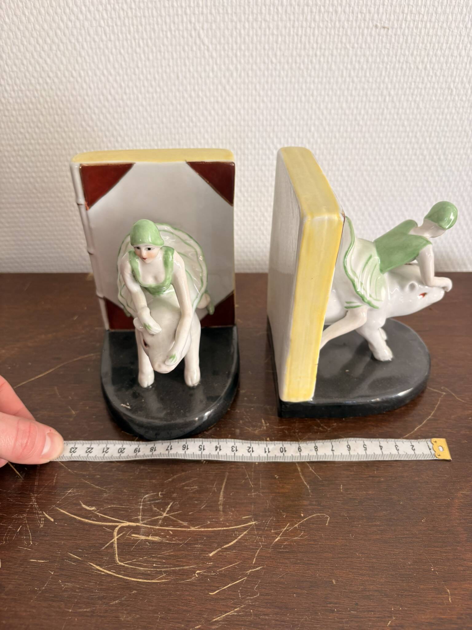 Old Pair of Bookends Porcelain White Girl Woman Equestrian Pig Art