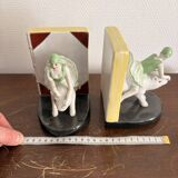 Old Pair of Bookends Porcelain White Girl Woman Equestrian Pig Art