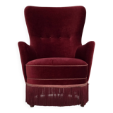 1970s, Danish armchair, cherry-red furniture velour, ash wood legs.