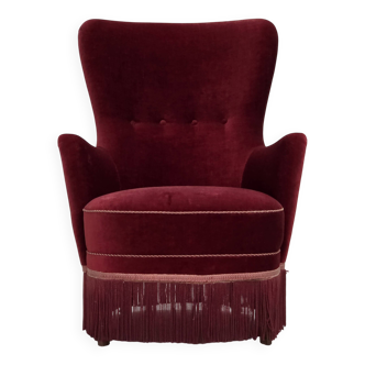 1970s, Danish armchair, cherry-red furniture velour, ash wood legs.