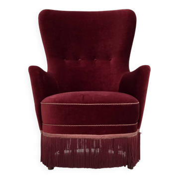1970s, Danish armchair, cherry-red furniture velour, ash wood legs.