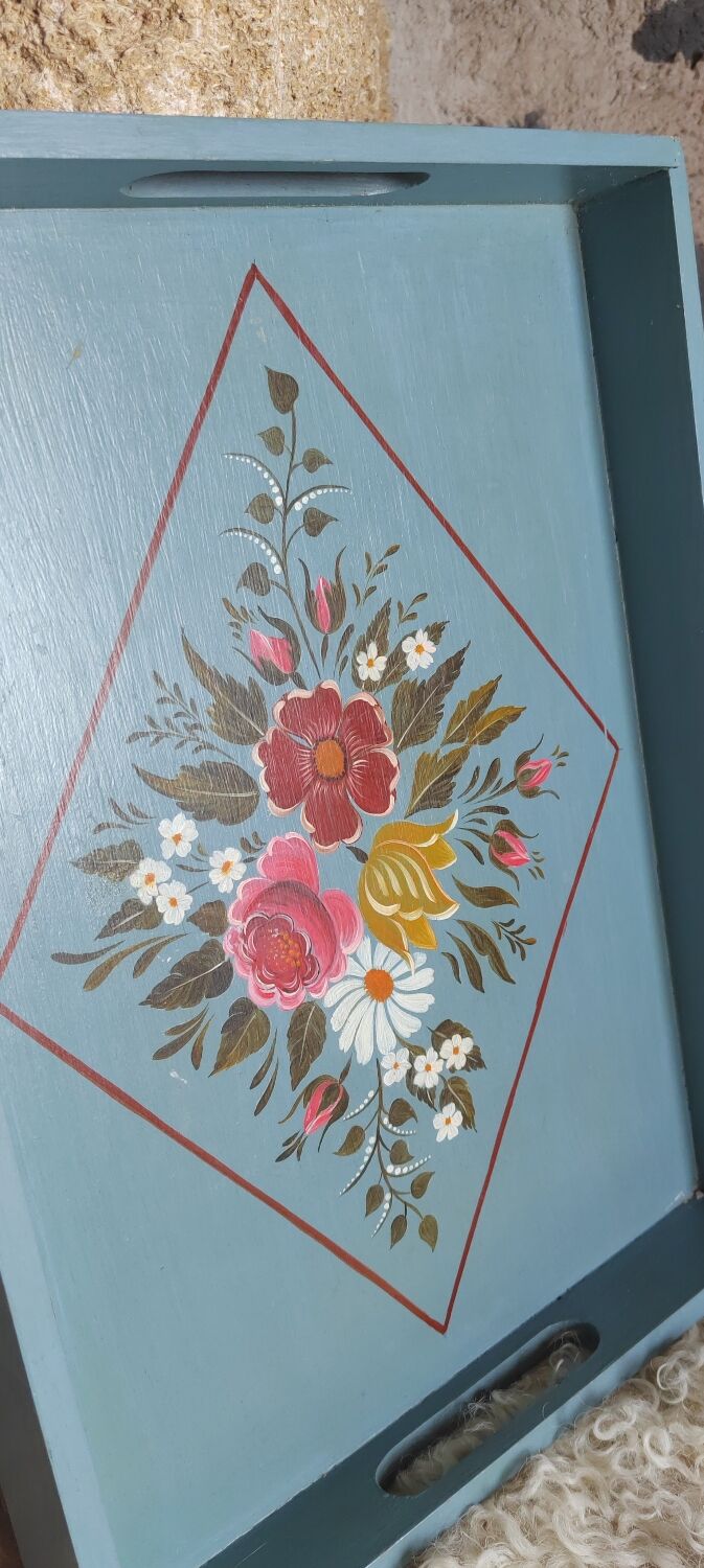 Hand-painted blue wooden tray