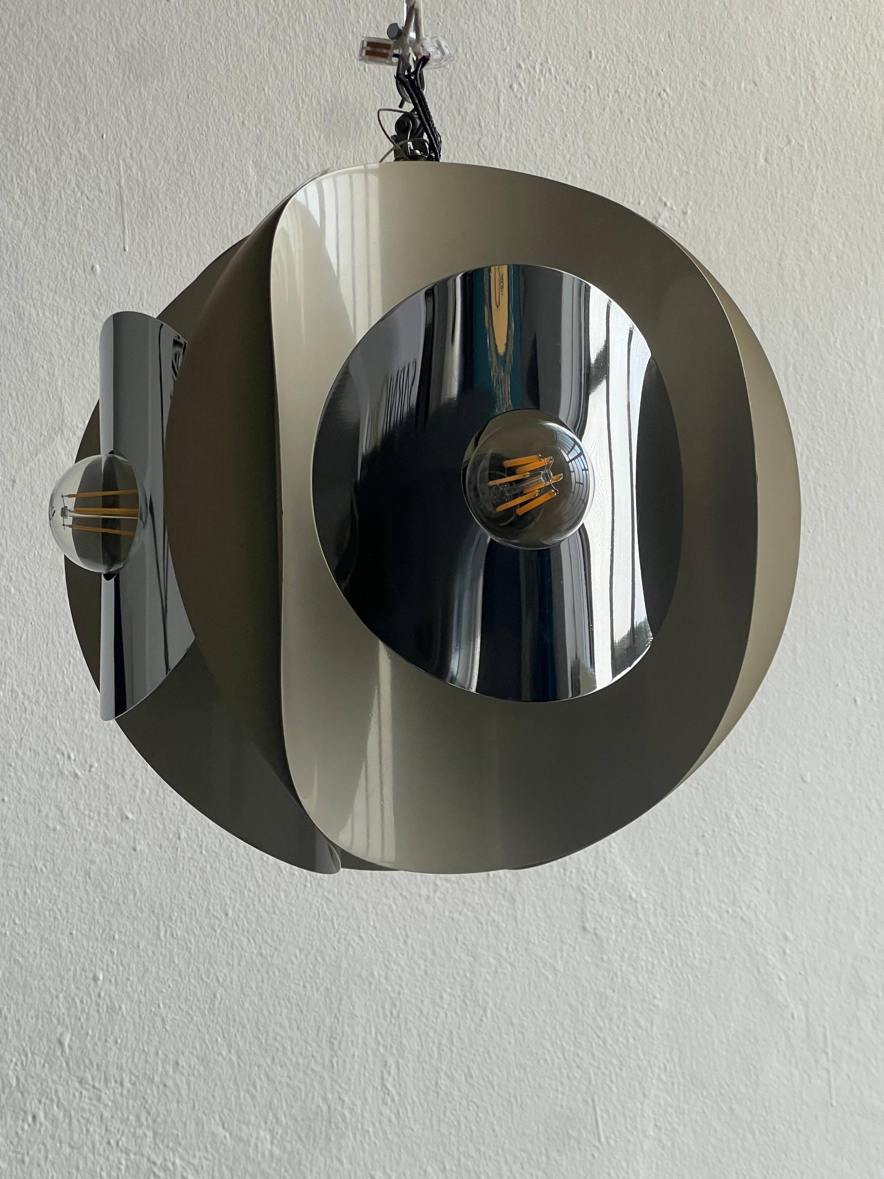 Vintage Space Age pendant  in white Steel and Chrome , 1970's Italian