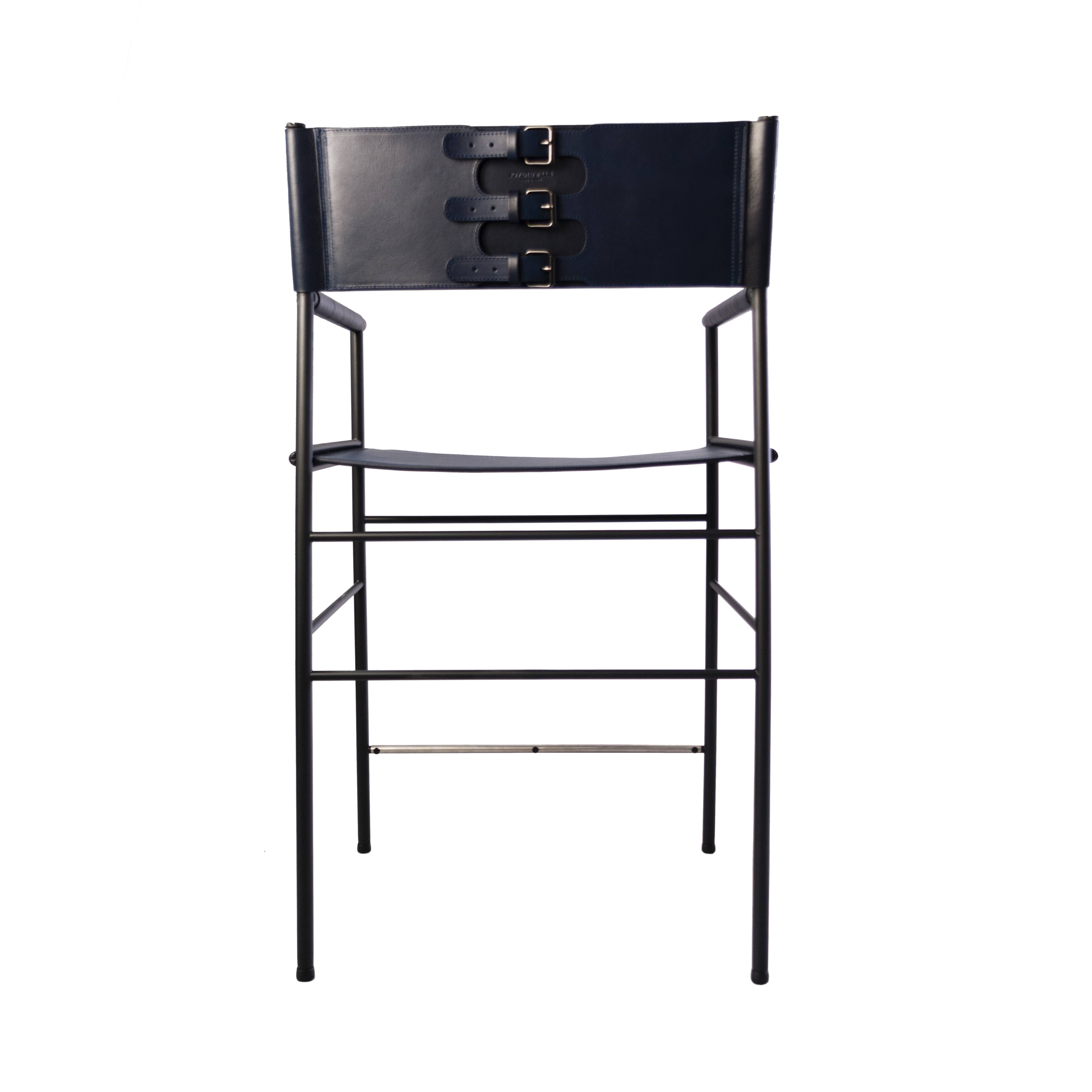 Set of 6 counter-height stools with navy blue leather backrest and rubber metal.