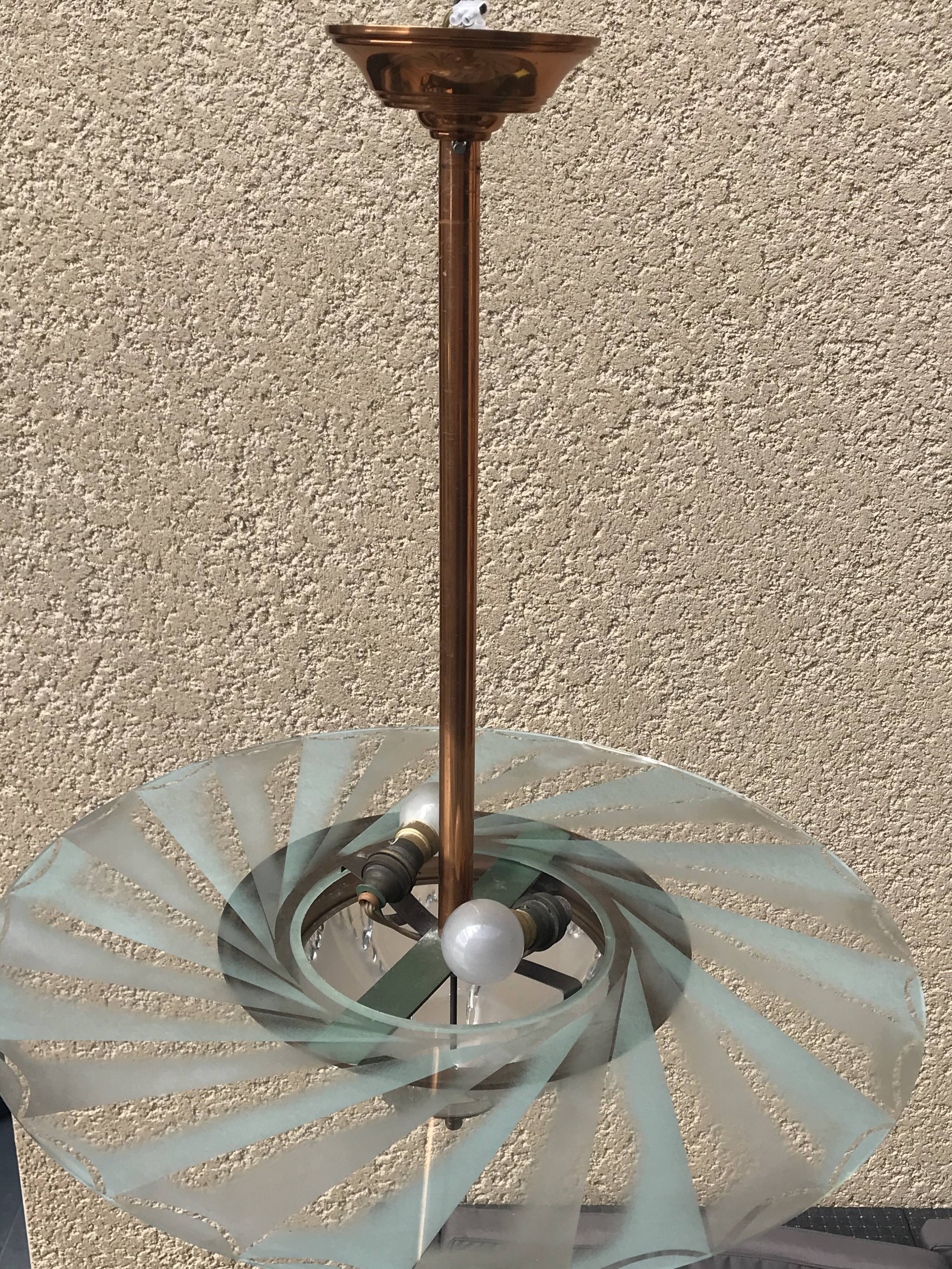 Copper and glass hanging lamp with his Ezan glass disc