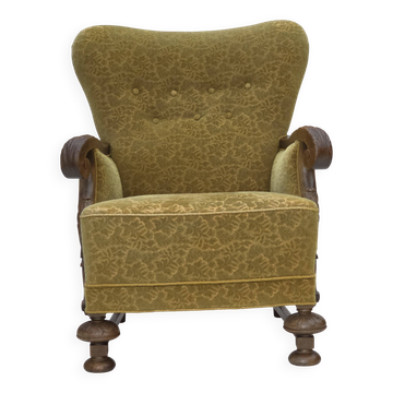 Fauteuil danois des années 1960, tissu d'ameublement en coton/laine, bois de chêne massif.