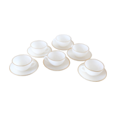 Ensemble de 6 tasses et sous tasses Arcopal gamme Arlequin, blanc et doré, made in France