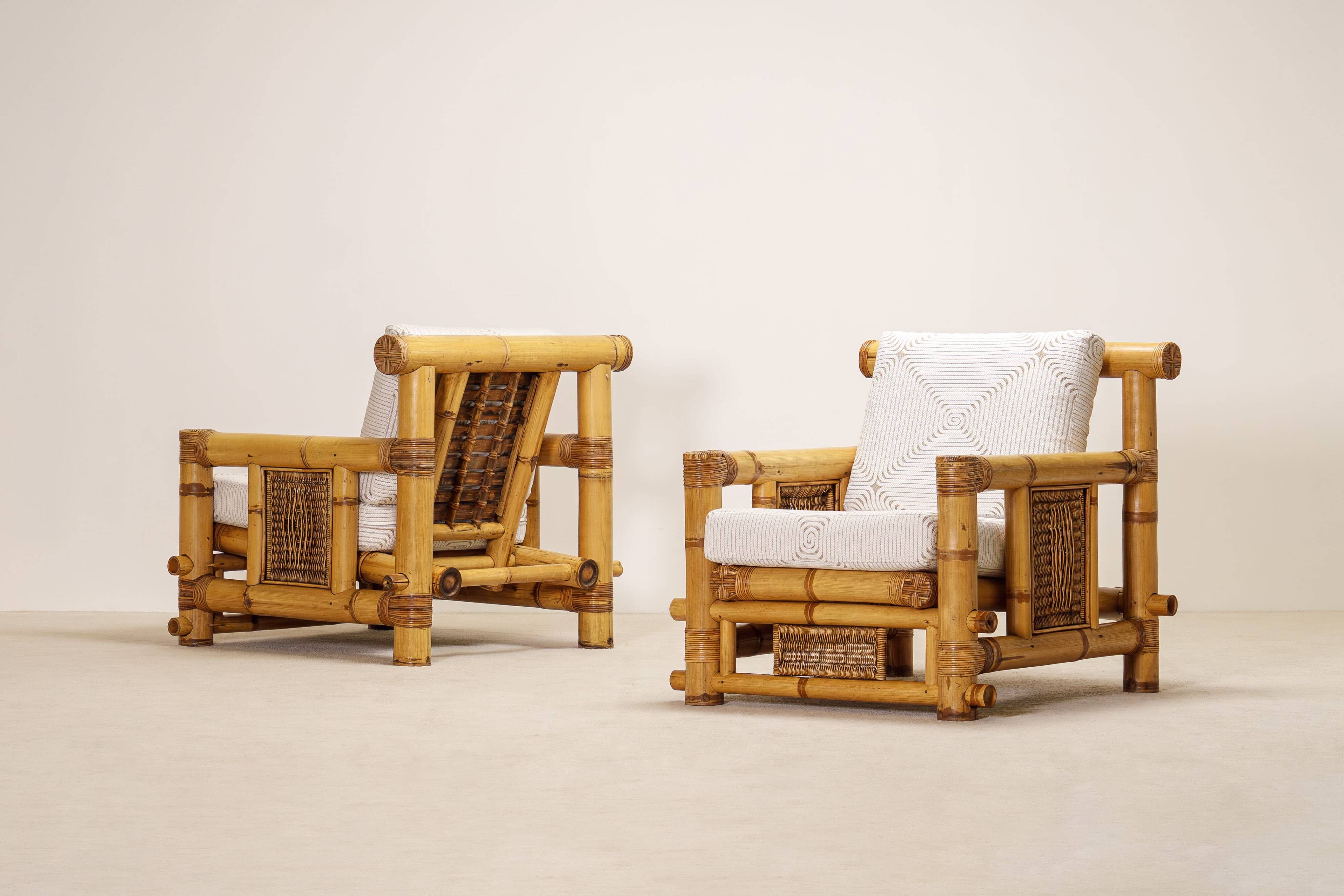 Paire de fauteuils en bambou, coussins Pierre Frey, travail français, vers 1960-70