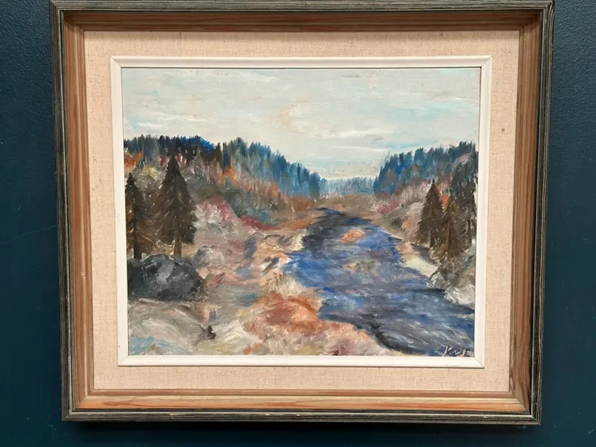 Original Swedish Oil on Canvas – “Landscape with River and Forest” by Kaj – Signed – Vintage & Framed – 60 × 52 cm (23.6" × 20.5")