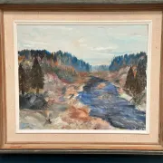 Original Swedish Oil on Canvas – “Landscape with River and Forest” by Kaj – Signed – Vintage & Framed – 60 × 52 cm (23.6" × 20.5")
