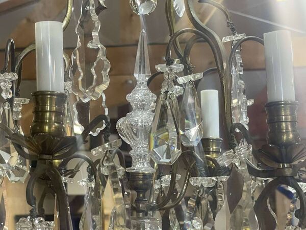 Lustre 6 feux en bronze et cristal taillé du début XXème - 1mx50cm