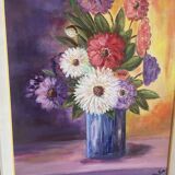 Tableau peinture à l'huile bouquet de fleurs signé Stella