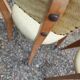 Set of 4 vintage chairs in wood and imitation blue leather dating from the 50s. Wooden structure. Seat and backrest in imitation leather 2 mint green and 2 yellow. Seating dimension: 46 cm. Good state of conservation, some traces of wear.