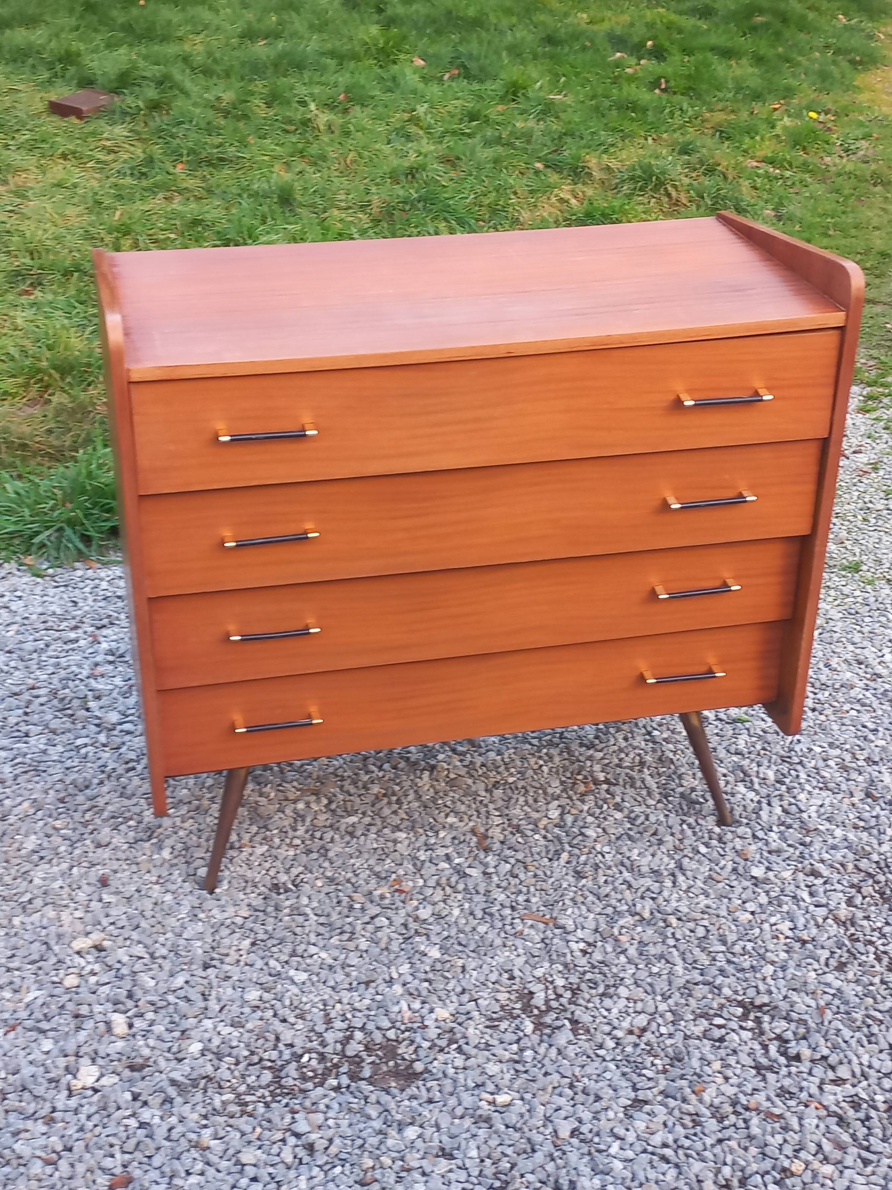 Vintage mahogany commode with metal tapered legs, 4 drawers, 1950s.