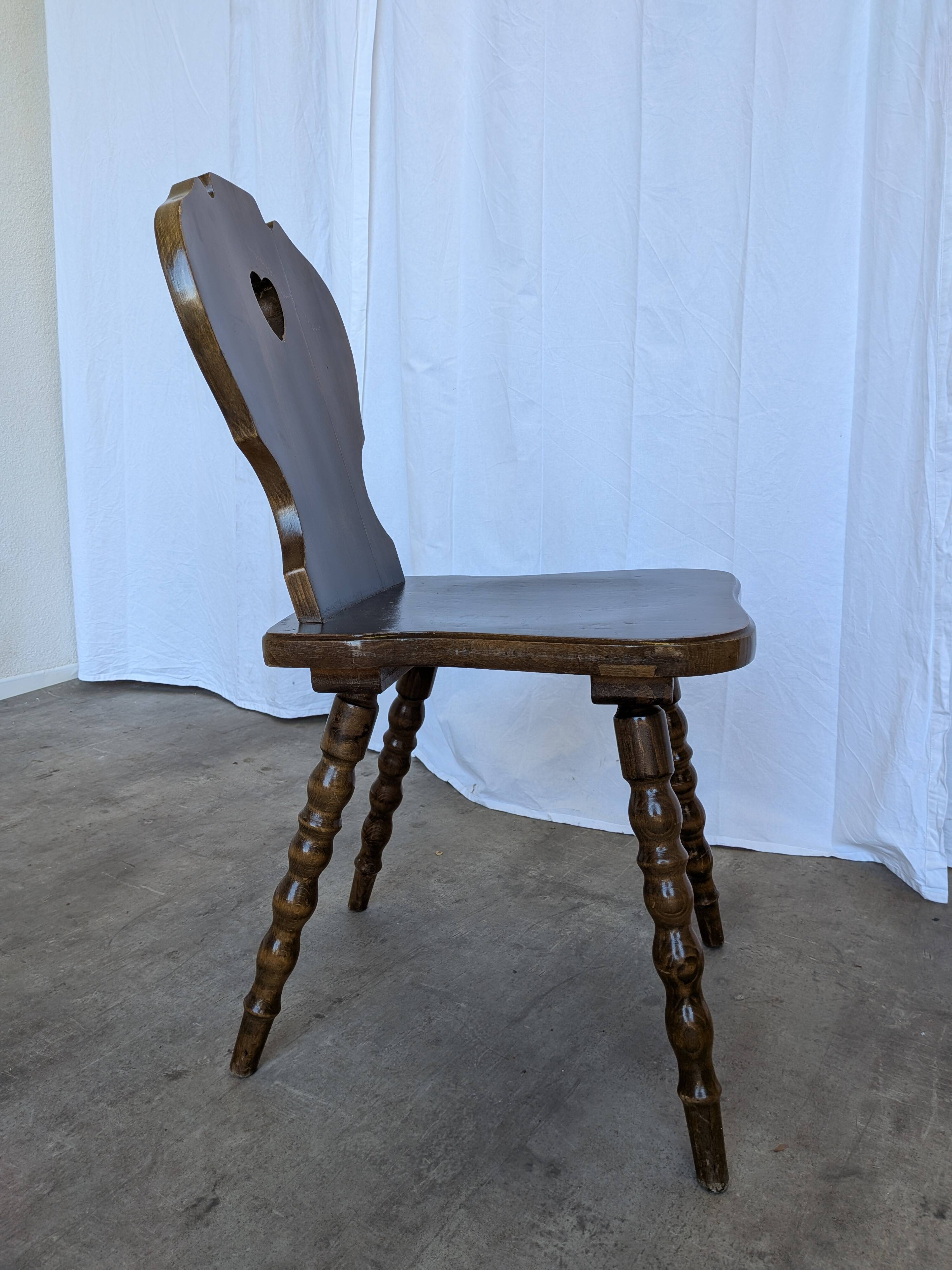 Vintage Tyrolean Heart Cutout Wooden Dining Chair / Bobbin-turned Legs