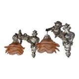 Pair of wall sconces, cherubs, angels, silvered
