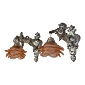 Pair of wall sconces, cherubs, angels, silvered