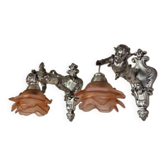 Pair of wall sconces, cherubs, angels, silvered