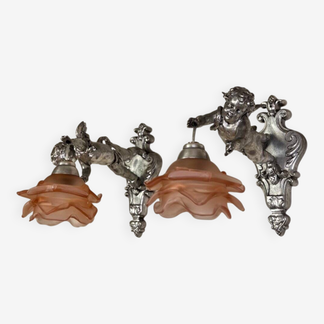 Pair of wall sconces, cherubs, angels, silvered