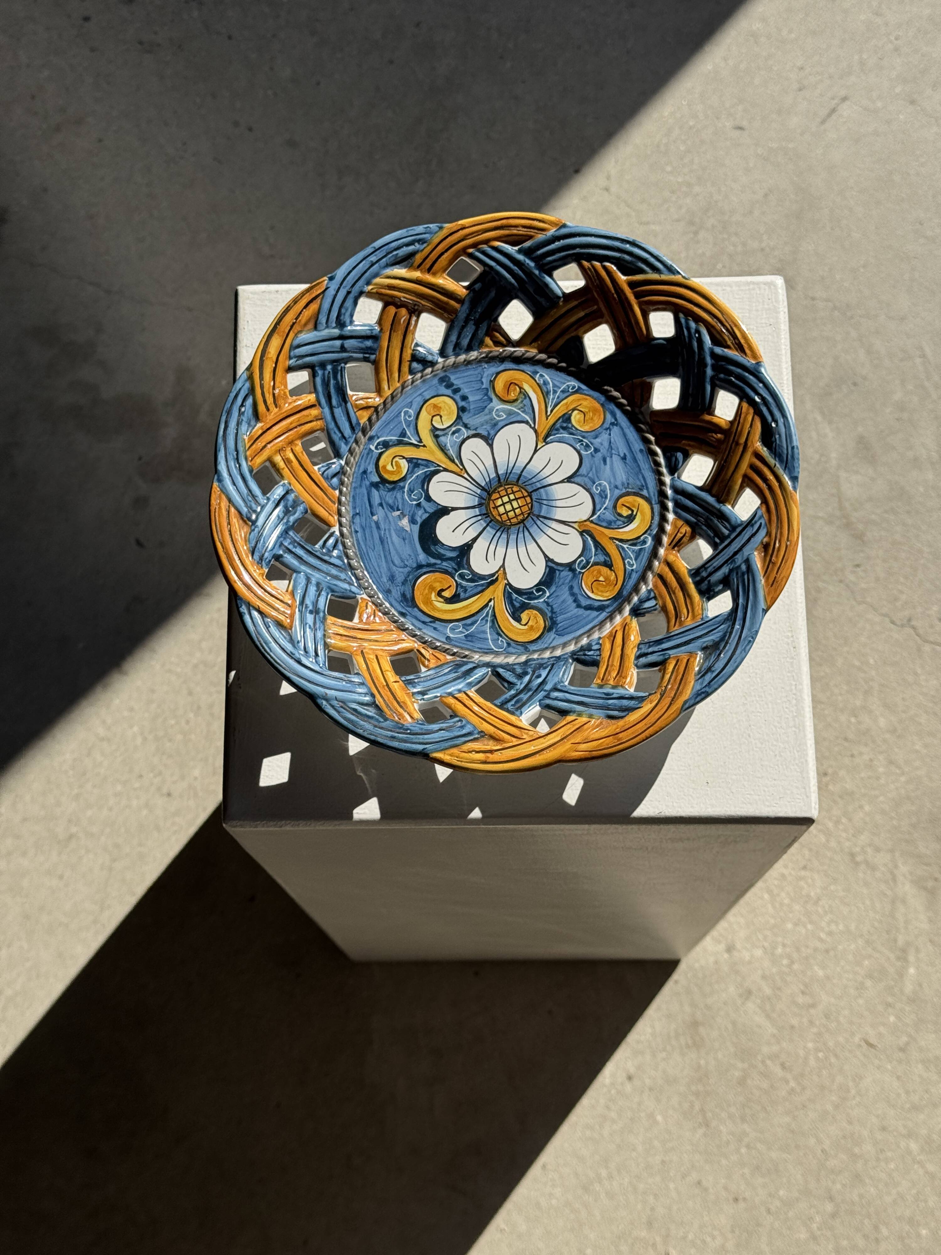 Glazed ceramic fruit bowl by Brancaleone, Italy, with floral decoration.
