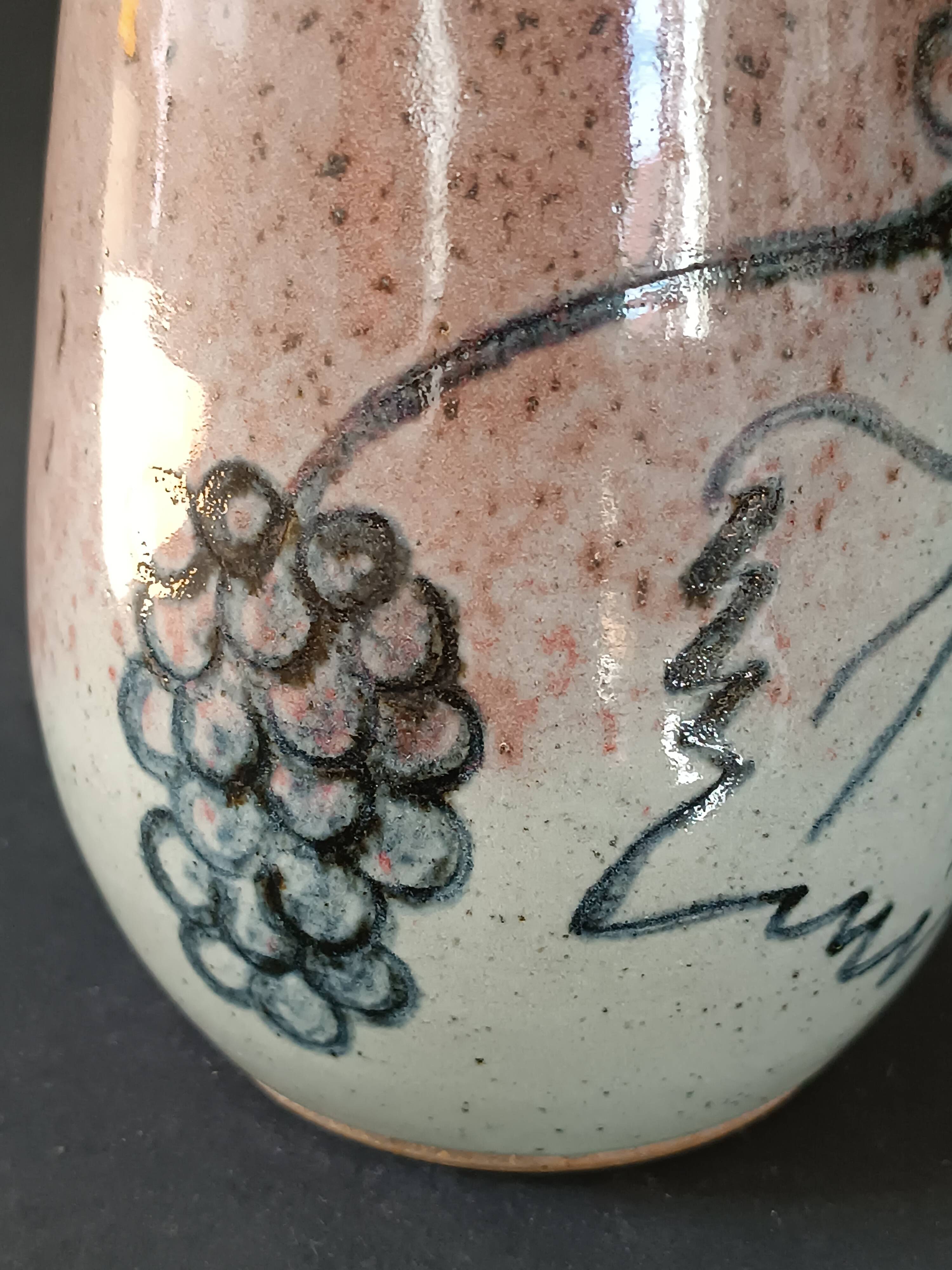 Stoneware pitcher from Alsace, incised decoration of vine by Louis Buecher 1986.