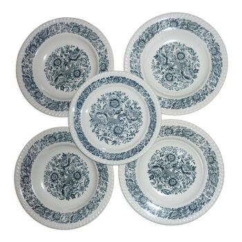 5 assiettes blanches et bleues anciennes en céramique