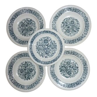 5 antique white and blue ceramic plates