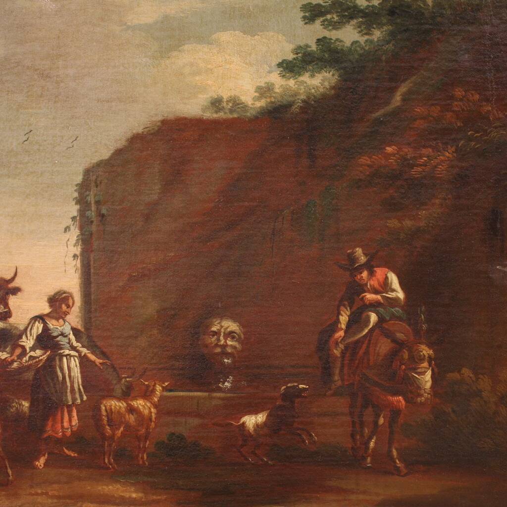 17th century bucolic landscape painting with figures, pastoral scene
