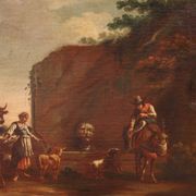 17th century bucolic landscape painting with figures, pastoral scene