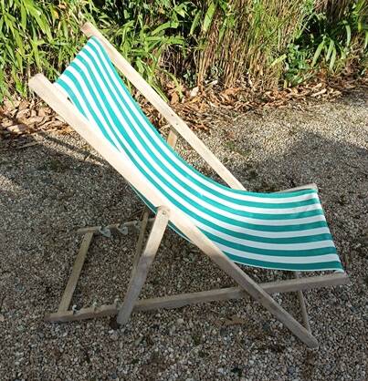 Transat chilienne pliante bois tissus rayures vertes salon jardin