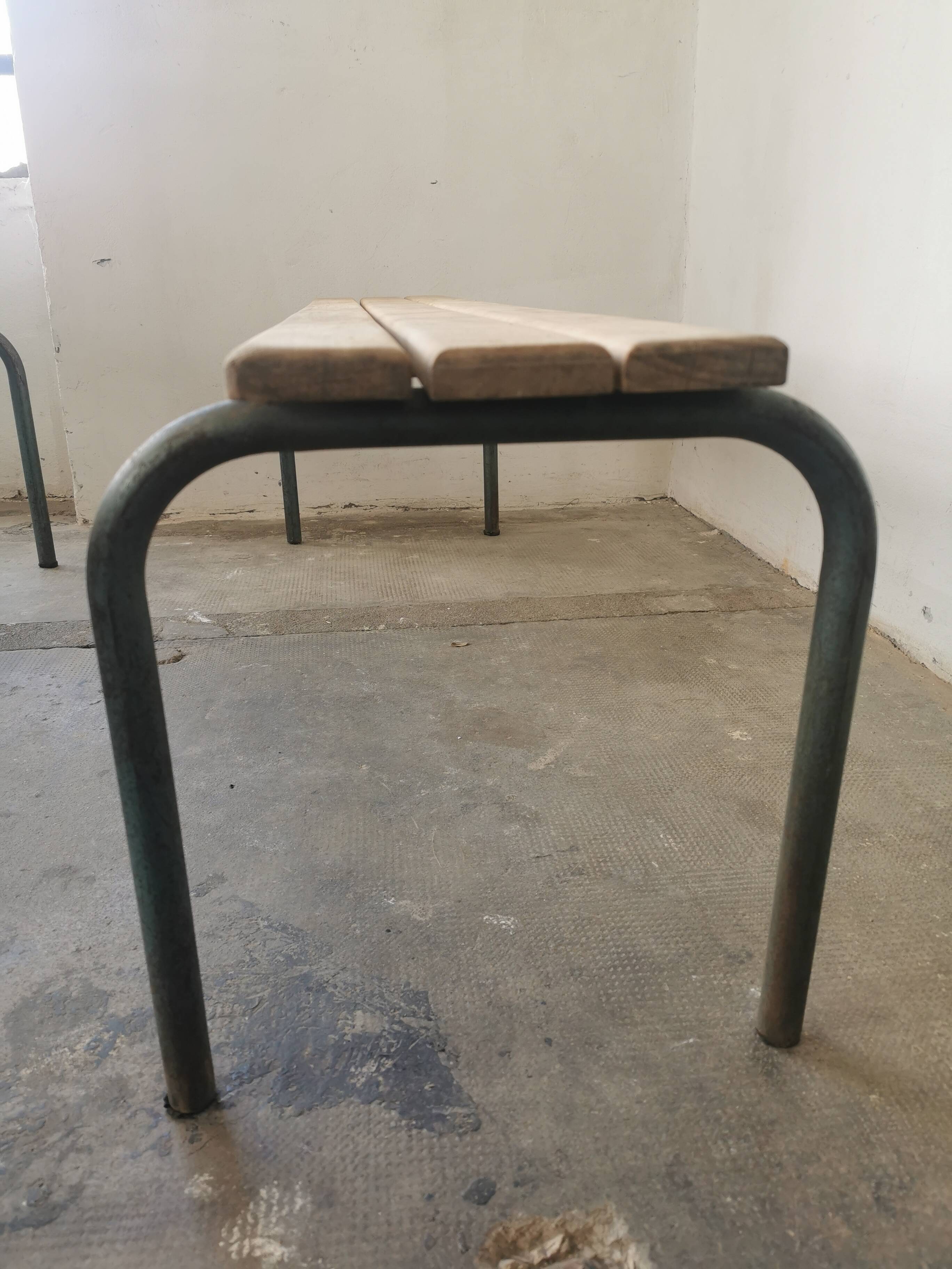 Pair of vintage metal and wood school benches