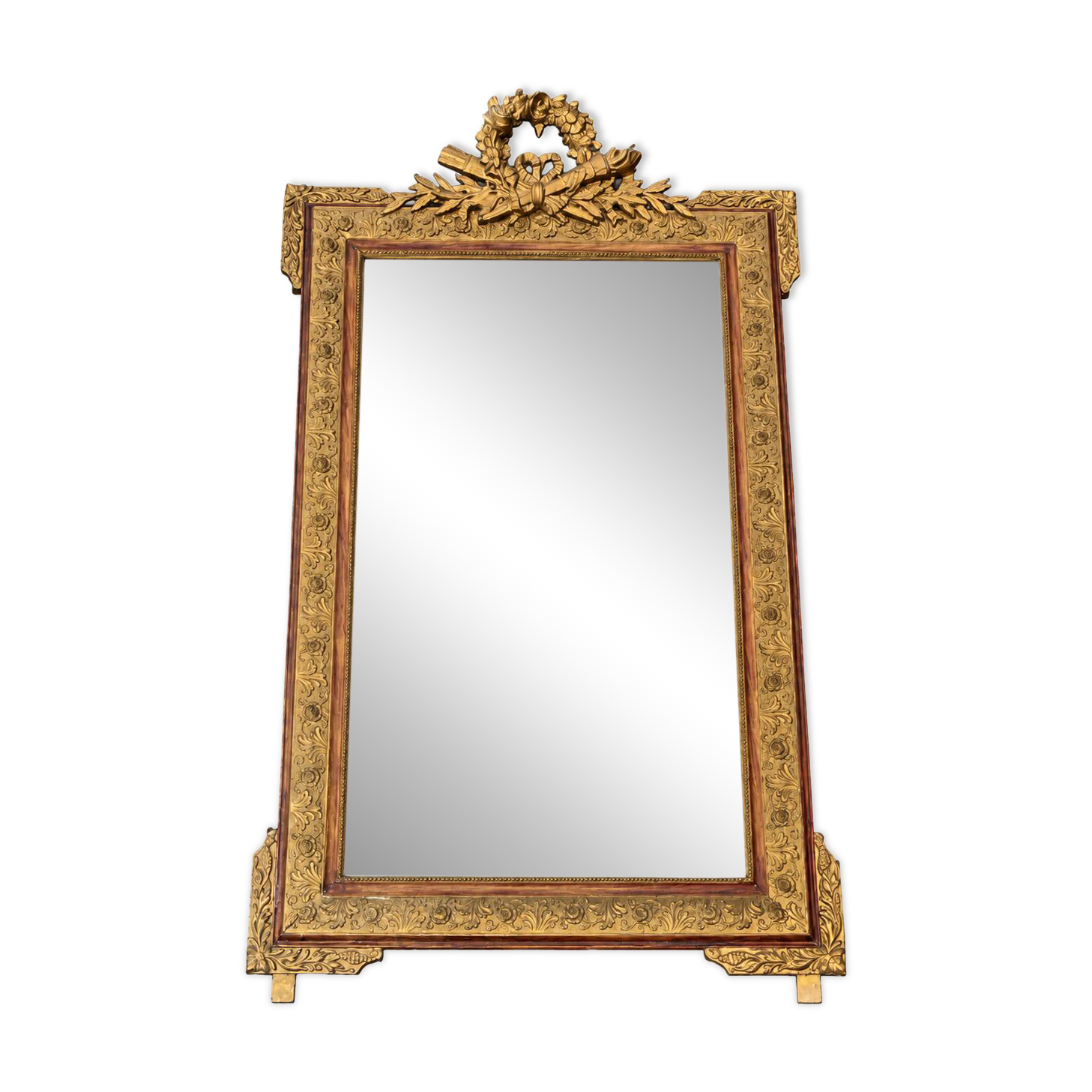 Large gold mirror in Louis XVI style with laurel crown, 121 cm.