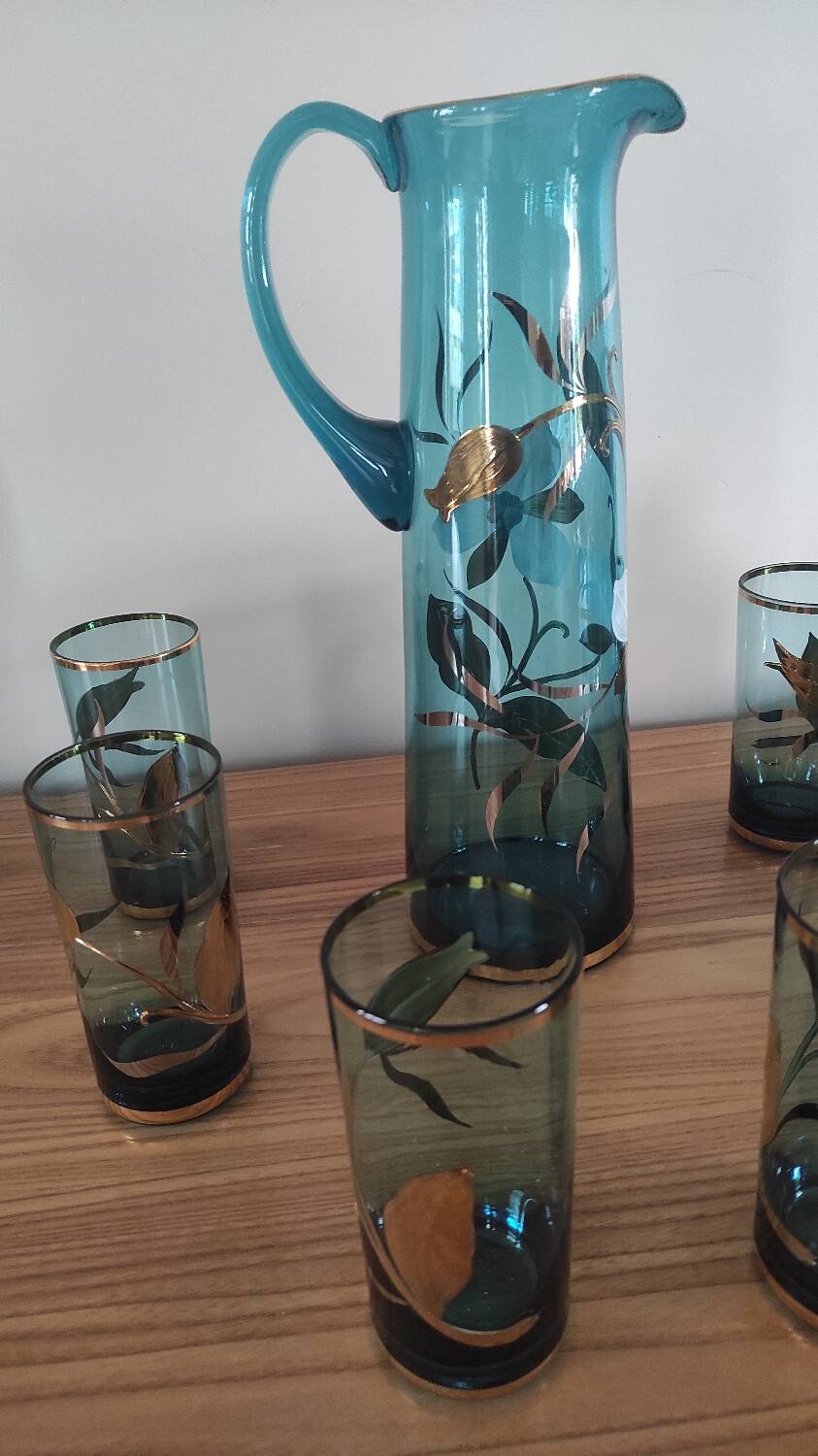 Orangeade service in blue and gold enameled glass