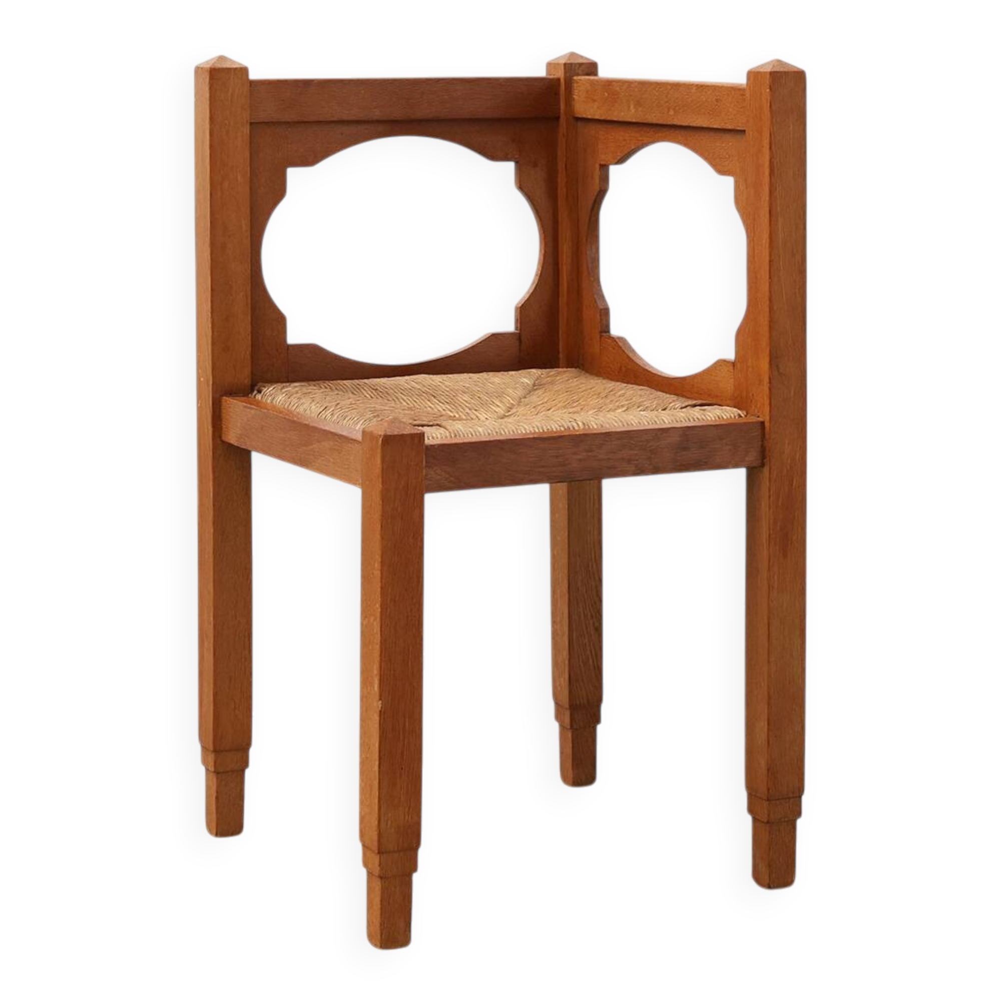 Art Deco Oak Corner Chair with Cut‑Out Backrest and Rush Seat, Belgium, cir